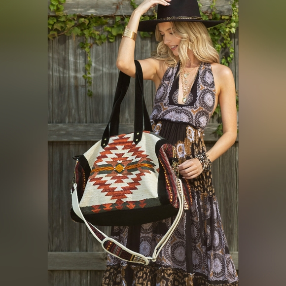 Boho Chic Travel Bag - Duo-Tone Embroidered Southwest Navajo Inspired Design - Picture 3 of 11